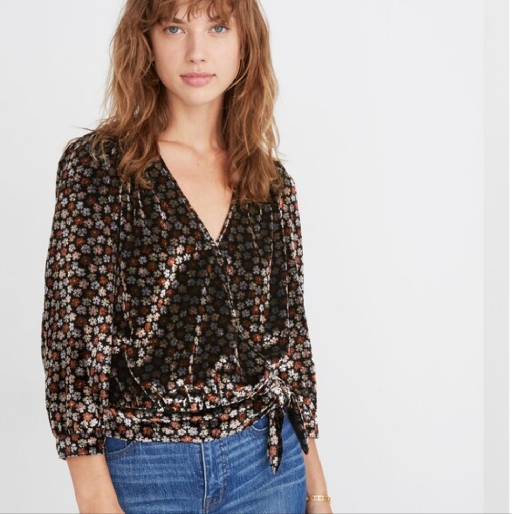Madewell Velvet Wrap Top in Petite Blooms Multicolor Top Women's Size S